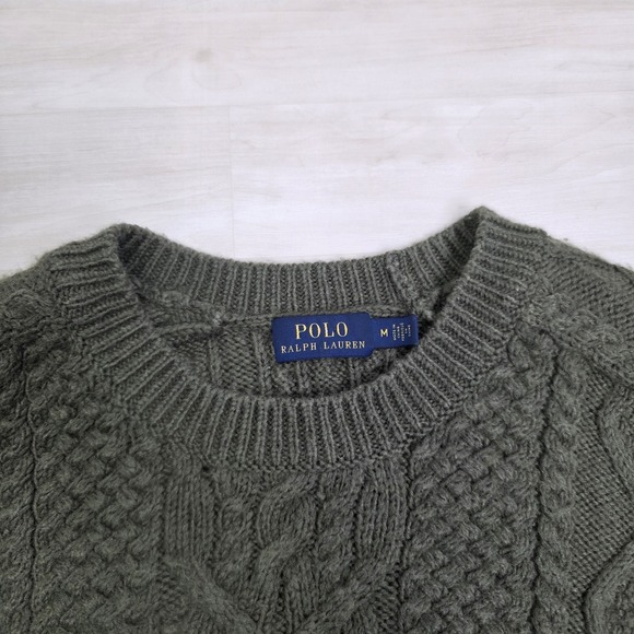 Polo Ralph Lauren Sweater Mens Olive Green Fisherman Cable Knit Crew Size Medium - Picture 7 of 8
